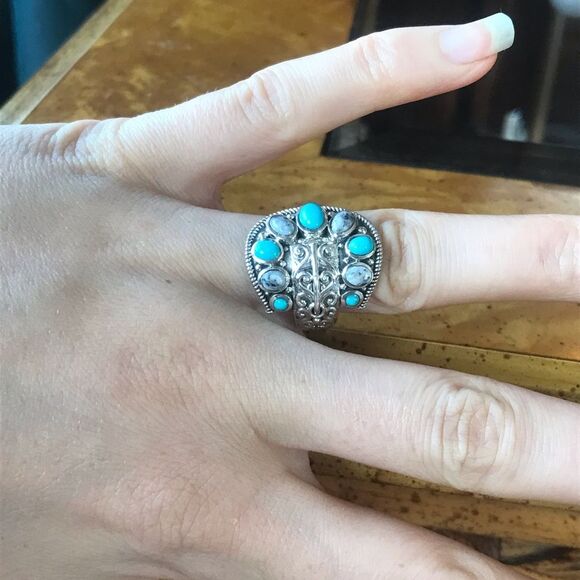 Sleeping Beauty Turquoise White Buffalo Sterling Silver Buckle Ring Size 6.25 - Picture 9 of 9